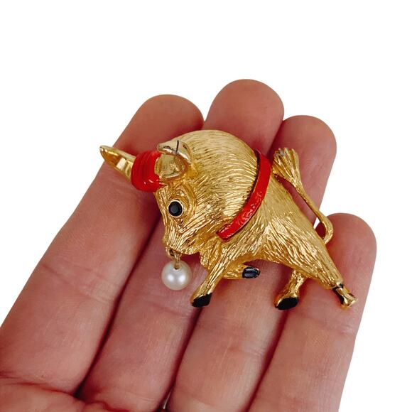 VTG 1960s Gold Tone Enamel Bull Brooch Mid Century Figural Whimsical Collectible - Picture 2 of 13